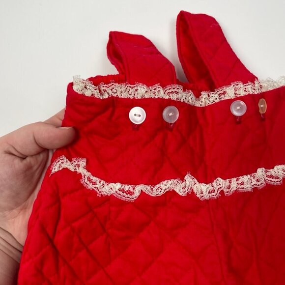 Vintage Red Christmas Quilted Infant footie Overalls with White Lace trim - Picture 4 of 10